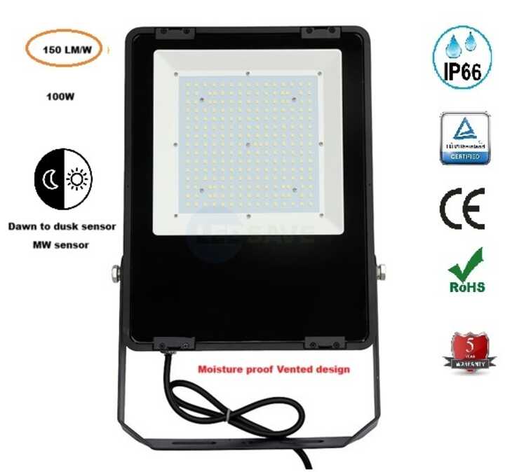100W Smart LED MW Sensored Flood IP65 60,000 Hour Life 5 Years Warranty