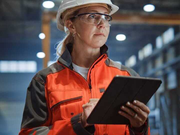 A construction worker in a hard hat and safety gear using a tablet indoors.