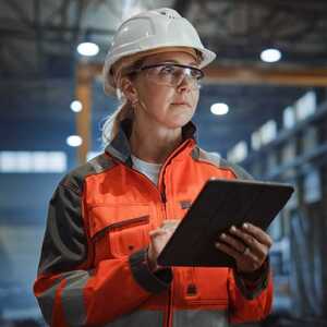 A woman in a hard hat and safety glasses holds a tablet in a warehouse setting.