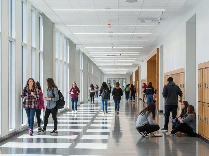 Modern clothing store interior displaying racks of apparel and a wooden display table.