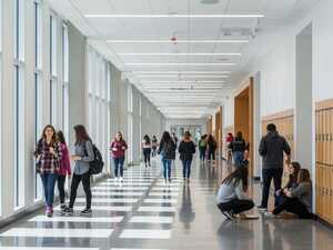 Modern clothing store interior displaying racks of apparel and a wooden display table.