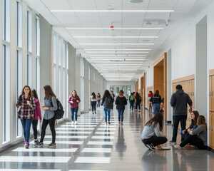Students walking in a bright school hallway with lockers along the wall.
