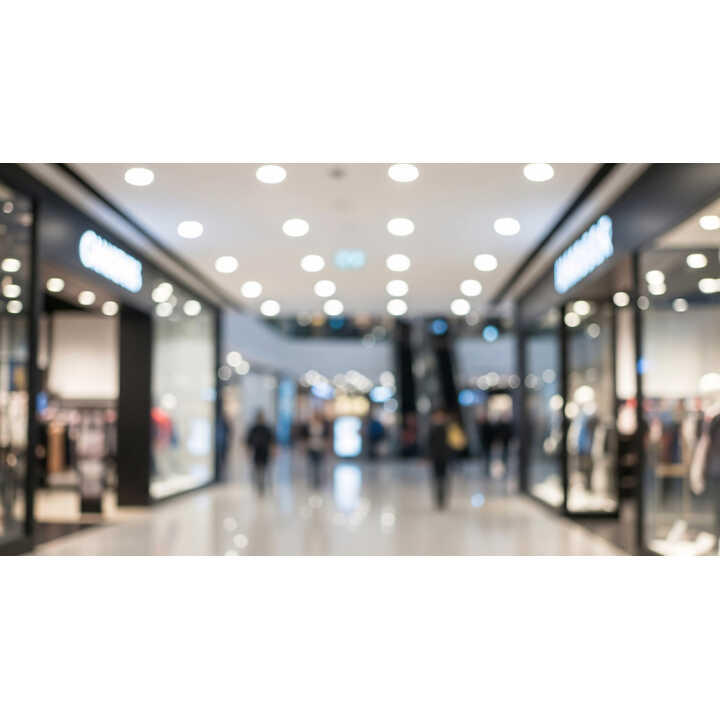 Blurred image of a shopping mall interior with stores and shoppers.