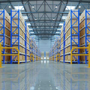A spacious warehouse with tall shelves filled with stacked cardboard boxes.