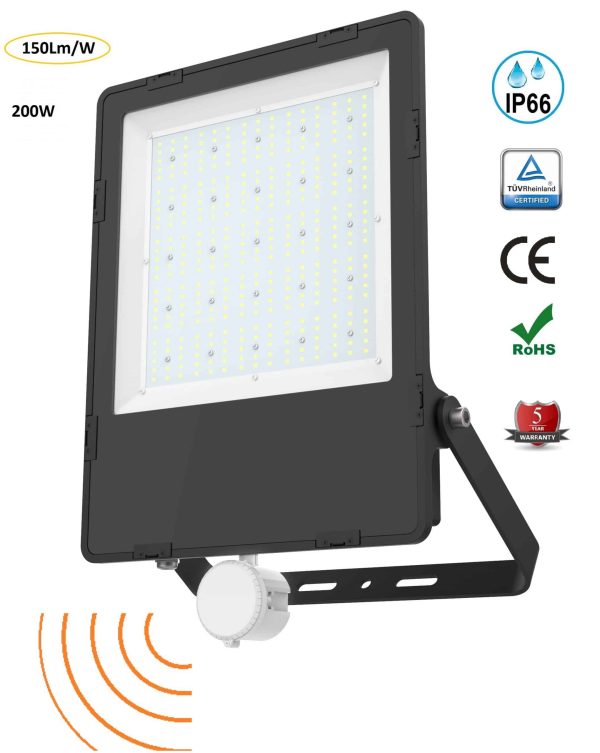 200W Smart LED MW Sensored Flood IP66 60,000 Hour Life 5 Years warranty