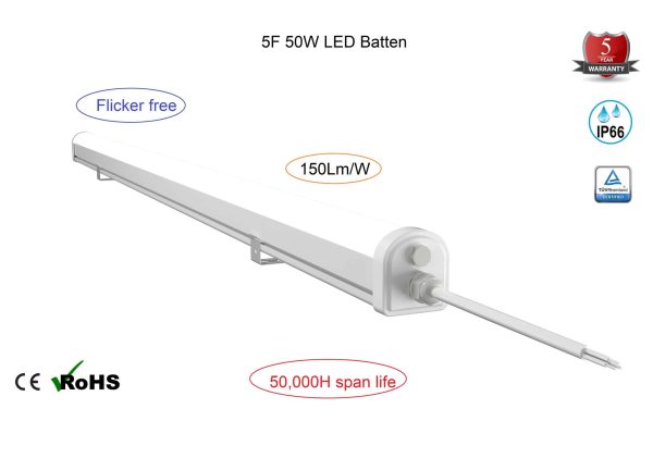 50W 150cm LED Batten IP66 7500LM TUV 5Year Warranty